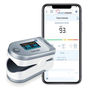 Beurer Bluetooth Digital Fingertip Pulso Oxímetro, saturación de oxígeno en sangre y Pulso Monitor con Accesorios, PO60