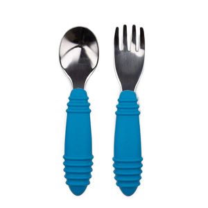 Bumkins Juego de tenedor y cuchara para bebé, set de alimentación Silverware para bebés, acero inoxidable y silicona, color azul oscuro