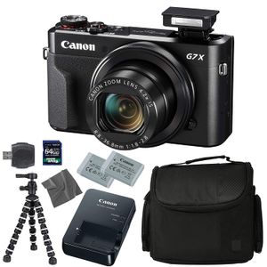 Canon PowerShot G7 X Mark II: Cámara digital + 64GB 4K 1200X SDXC tarjeta + Pro Case + 2X NB-13L + Canon CB-2LH + WS-DC12 correa + Trípode flexible +