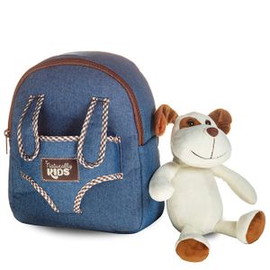 Mochila de tela vaquera con perro para niños y niñas – Mochilas pequeñas con juguete de felpa para niñas y niños con suave perrito – Bonito regalo par