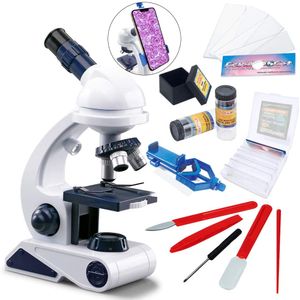 Microscopio para niños, kit de ciencia para microscopio para principiante con luces LED, 80x, 200x, 450x, soporte para teléfono y diapositivas, juguet