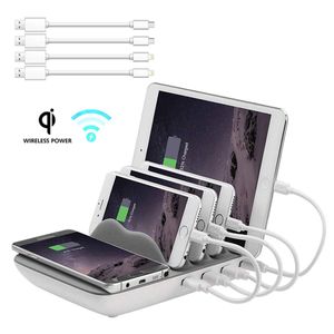 Hometall - Estación de carga más rápida, 5 en 1, soporte para múltiples teléfonos con 4 puertos USB (sin 4 cables) y 1 almohadilla de carga inalámbric