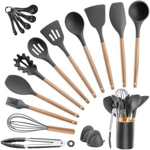 Juego de utensilios de cocina de silicona SZBOB 19 piezas resistentes al calor Herramientas de cocina con mango de madera y cucharas de utensilios de