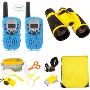 BESWIN - Kit de juguetes para explorador de niños al aire libre, 2 paquetes Walkie Talkies con 3 KM de largo alcance/prismáticos para niños/sombrero/l