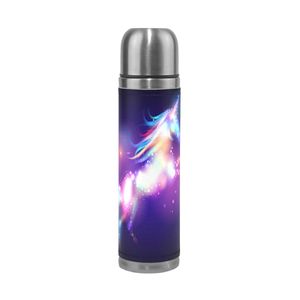 ALAZA Unicorn Owl Stainless Steel Water Bottle Leak-Proof Double Walled Vacuum Insulated Travel Coffee Mug Genuine Leather Cover 17 Oz