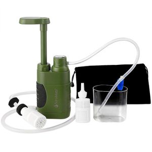 SurviMate Bomba de filtro de agua portátil para senderismo, camping, viaje, uso de emergencia con carbón activado y 3 fases de filtro, 2 prefiltros re