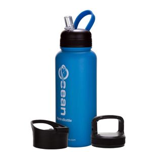 Ocean Hydro Bottle - Insulated Water Bottle - Stainless Steel Sports Water Bottle, Wide Mouth Bottle, 3 Lids inc Sport Carabiner Flip - Double Wall Bo