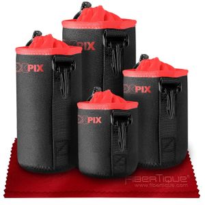 Xpix Deluxe Protector de neopreno para lente DSLR Kit (4 unidades) para Canon, Nikon, Pentax, Sony, Olympus, Panasonic y más con bolsillos pequeños, m