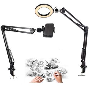 Anillo de luz para teléfono, 6 pulgadas con 2 brazos de suspensión para teléfono móvil, iPhone, hornear, manualidades, caligrafía, dibujo, experiencia