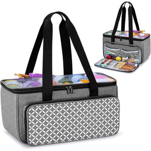 YARWO Bolsa de hilo para tejer con bolsillo para proyectos WIP, agujas de tejer (hasta 14 pulgadas) y madejas de hilo, gris con rejilla (solo bolsa)