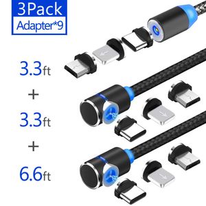Cable cargador magnético para teléfono, 3 en 1, 3 unidades, cable recto de 3,3 pies, cable en forma de L, cable en forma de L de 6 pies, color negro