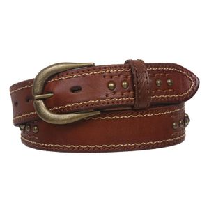 Snap On Stitching-Edged Floral Rivet Cowhide Leather Belt