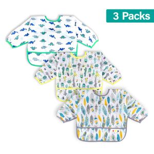 Juego de 3 baberos de manga larga | Baberos impermeables para bebé con bolsillo | Babero para bebé con mangas y recogedor de migas | Delantal para jug