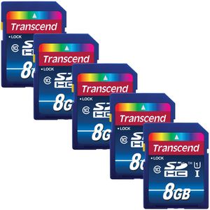 Transcend 8 GB tarjeta de memoria SDHC Premium Class 10 UHS-I (paquete de 5) – Parte superior Value Bundle