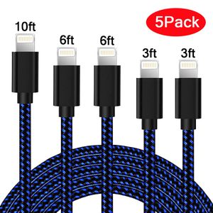Cable de carga Lightning para iPhone, cable de carga de nailon trenzado, paquete de 5 unidades, 3FT/6FT/10FT MFI certificado largo cable USB rápido iP