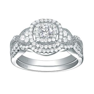 SHELOVES - Anillo de compromiso para mujer, estilo vintage, de plata de ley, con halo redondo y circonita cúbica