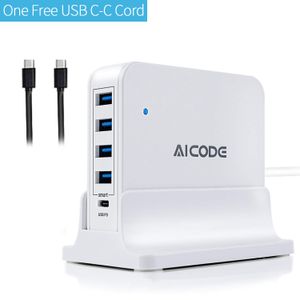 Cargador USB-C de 4 puertos 5 V/2,4 con estación de carga tipo C 63 W PD, cable de 4.9 ft de largo (blanco), portátil y compatible con MacBook/Pixel/N