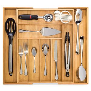 Organizador de cajones extensible de bambú, cubertería y bandeja de utensilios de calidad, 100% bambú puro, separador de cajones de cocina ajustable (