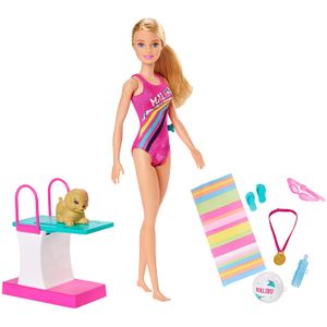 Barbie Dreamhouse Adventures Swim 'n Dive Doll, 11.5 in, en trajes de baño, con función de natación, tabla de buceo y cachorro, regalo para niños de 3