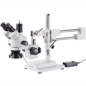 AmScope 3,5 x -90 X Microscopio zoom simul-focal Stereo en doble brazo Boom soporte con 144-LED – Anillo de luz