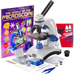 AmScope microscopio para el mejor estudiante de 2016, 40X-1000X, lente de vidrio óptica con luz doble, microscopio para estudiantes con marco de metal