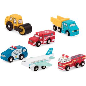 Battat - Vehículos de madera - Coches y camiones de juguete en miniatura de madera, incluye avión de juguete, vaporizador y coche de policía para niño