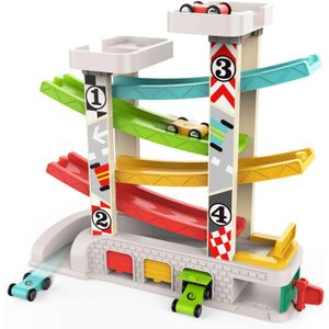 TOP BRIGHT - Pista de madera para coches de juguete con 4 coches pequeños y con 3 cocheras de madera para niños de 1, 2 o 3 años de edad