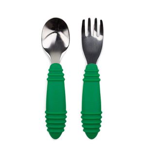Bumkins Juego de tenedor y cuchara para bebé, set de alimentación Silverware para bebés, acero inoxidable y silicona, color verde
