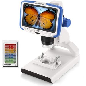 Andonstar AD205 Microscopio digital azul con soporte de plástico 200 microscopios para niños, con 12 diapositivas preparadas
