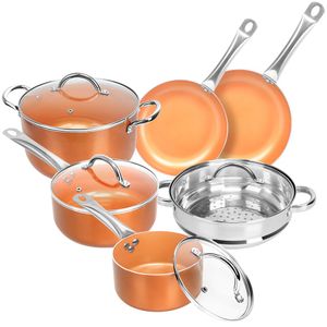 Juego de 10 utensilios de cocina antiadherentes de cobre, multiusos, redondos, de aluminio, con asas de acero inoxidable, apto para cocinas de inducci