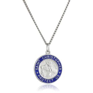 Collar con medalla colgante de plata esterlina "Saint Christopher" con borde de epoxi azul y chapado en acero inoxidable, 20 pulgadas.