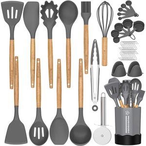 Fungun - Juego de utensilios de cocina de silicona, juego de utensilios de cocina de 26 piezas con soporte para utensilios, utensilios de cocina antia
