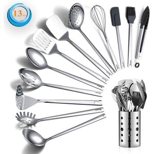 Berglander Juego de utensilios de cocina de acero inoxidable, juego de 13 piezas de utensilios de cocina, con soporte para utensilios antiadherente y