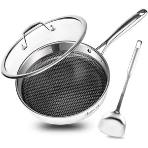 Potinv - Sartén de acero inoxidable con tapa y girador antiadherente, apto para inducción, base antiniebla, apto para lavavajillas y horno.