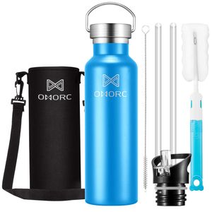 OMORC 316 Stainless Steel Sports Water Bottle-20oz,34oz, Double Wall Vacuum Insulated Water Bottle, Straw and 2 Lids, Wide Mouth,Thermo Travel Modern