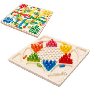 Juego de mesa Drizzle Ludo y damas chinas 2 en 1 tabla de madera natural volador de ajedrez juego familiar para adultos y niños