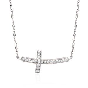 Chapado en Plata de ley 925 CZ simulados Diamond Sideway Cruz Crucifijo Cadena Collar, 18"
