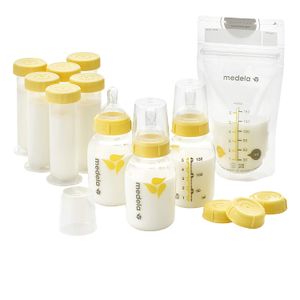 Medela - Juego de regalo para lactancia materna, sistema de almacenamiento de leche materna; botellas, pezones, tapas de viaje, bolsas de almacenamien