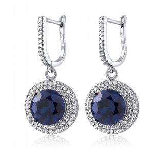 Plata de ley Ronda Azul Sapphire Dangle arete de la mujer (9,48 quilates simulado, 10 mm Ronda)