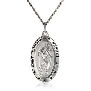 Collar con medalla colgante oval de plata esterlina "Saint Christopher" con borde de epoxi azul y chapado en acero inoxidable, 20 pulgadas.