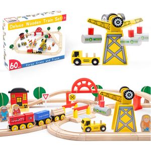 Juego de 60 piezas de grúa de trenes de madera y grúa y trenes exclusivos, se adapta a Thomas, Chuggington, Melissa, kit de ferrocarril de juguete par