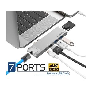 Purefix USB C Hub, 7 en 1 Dual Type-C Adapter - Silver for MacBook Pro 13 15 Gigabit Ethernet, Power Delivery, Thunderbolt 3, 4K HDMI, MicroSD/SD Card