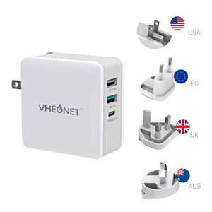 Cargador de pared USB C de carga rápida, 3 puertos, 65 W, adaptador de pared PD con enchufe plegable para MacBook, iPhone Xs/XS Max/XR, Samsung Galaxy