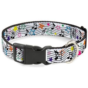 Buckle-Down Plastic Clip Collar - Music Notes Stars White/Black/Multi Color - 1/2" Wide - Fits 9-15" Neck - Large