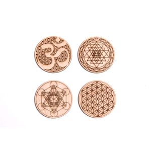 Geometría Sagrada posavasos, un juego de cuatro incluye: 1 Metatrons Cube, 1 sagrado Om, 1 Sri Yantra, 1 flor de la vida