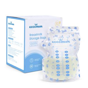 Eccomum Bolsas de almacenamiento de leche materna, 100 unidades, bolsa de pie, etiqueta fácil de escribir, diseño de boquilla y espesado, doble cierre