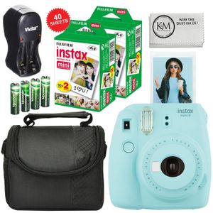 Fuji Instax Mini 9 Cámara Ice Blue + Carry Case + pilas AA recargables y cargador + Instax Mini película (40 hojas)