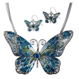 Juego de collar con colgante de mariposa de joyería Nexus con incrustaciones de esmalte y pendientes a juego., metal común, JS2572ASBM