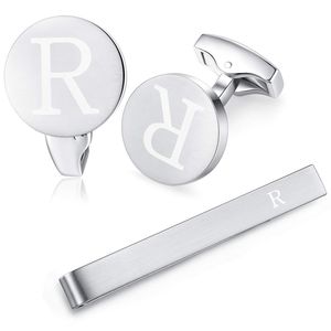 Honey Bear Juego de gemelos y clips de corbata para hombre, diseño de letra del alfabeto inicial, para regalo de boda redondo, plata cepillada
