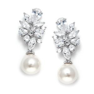 mariell Bold CZ Cluster boda nupcial arete con la luz Ivory Pearl gotas – Genuine Platinum Plated